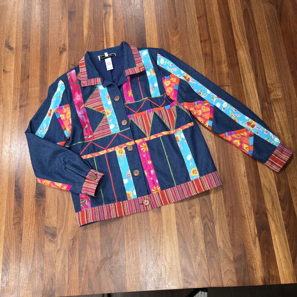 K.T. McKenzie Patchwork Quilted Appliqué Denim Jacket Wood Buttons Medium